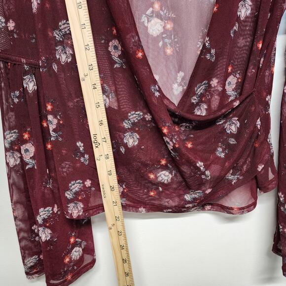 Bongo Mesh Flare Sleeve Blouse Top Size L Plum Wrap Front Boho Y2K Whimsigoth - Picture 7 of 12